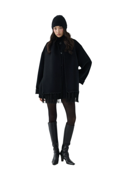Double-Faced Wool Fringe Cape Coat