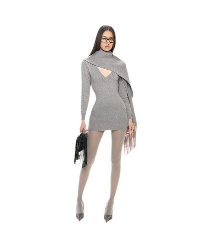Deep V Fringe Knit Dress
