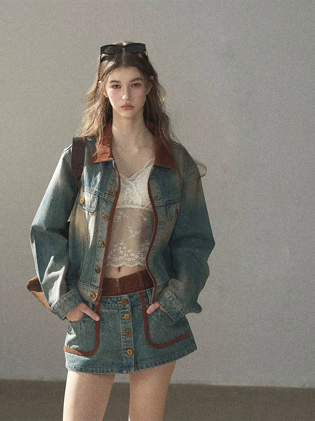 Washed Denim Jacket Skirt Set