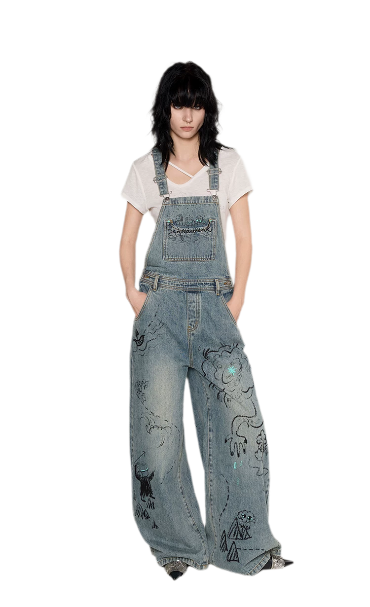 Graffiti Wide-Leg Overalls
