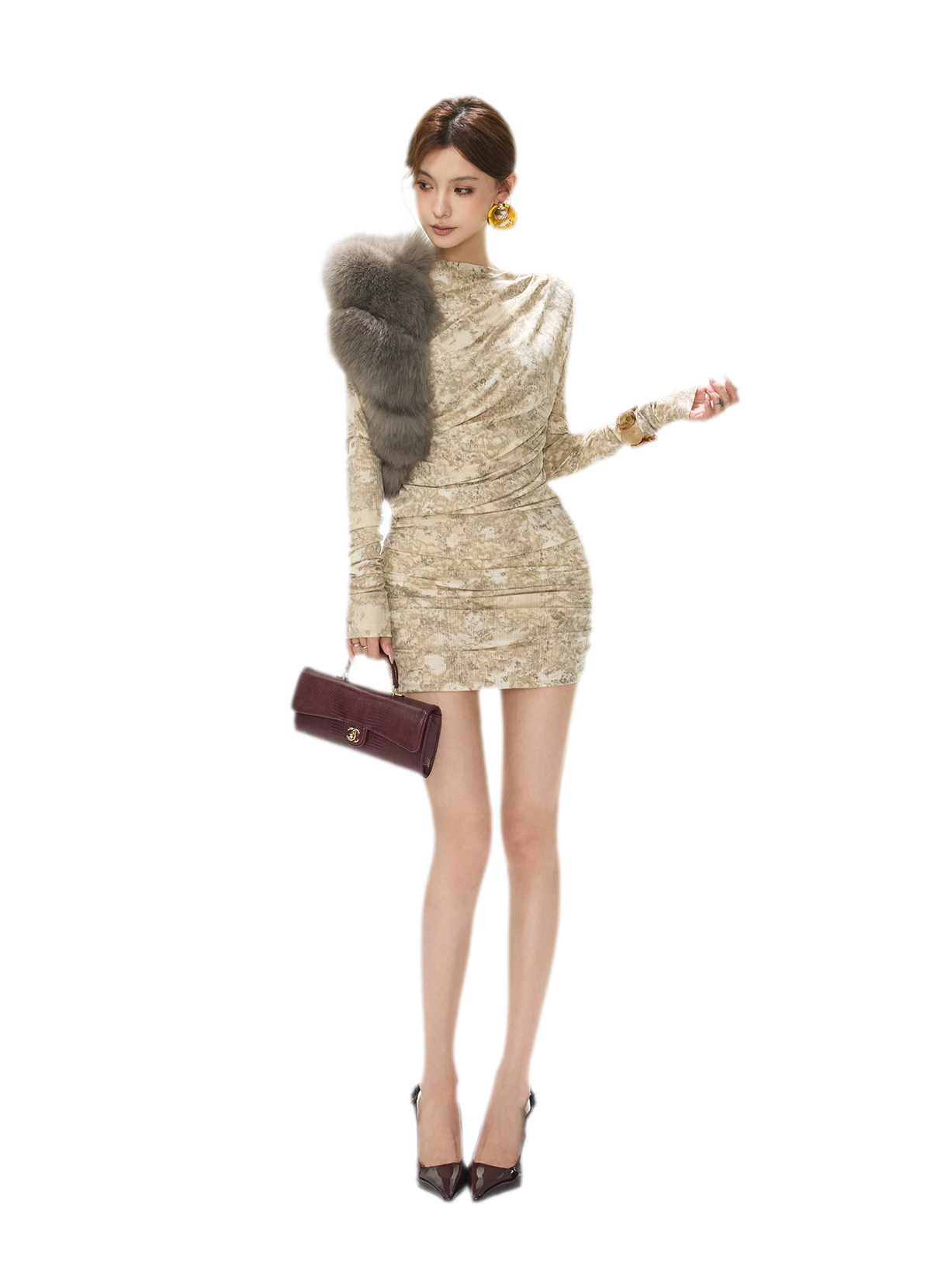 Ruched Printed Bodycon Mini Dress