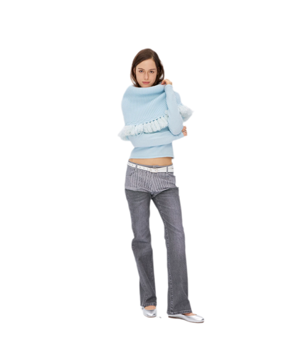 Fringed Ribbed Turtleneck Knit Top