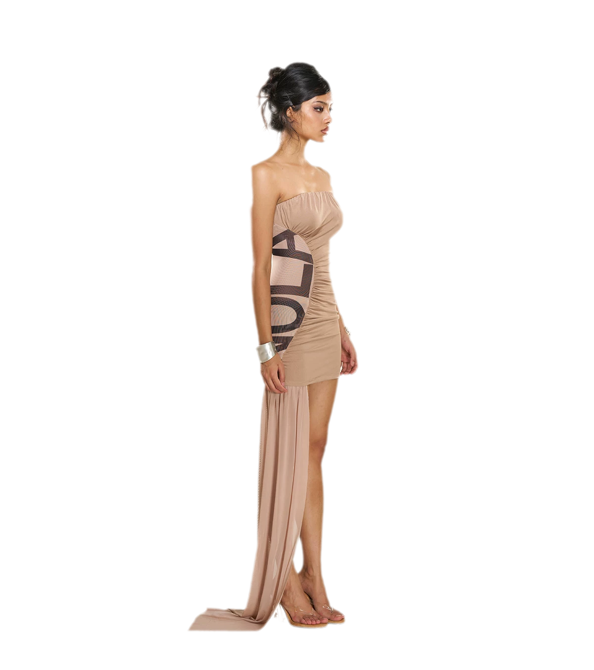 Ruched Strapless Slit Maxi Dress