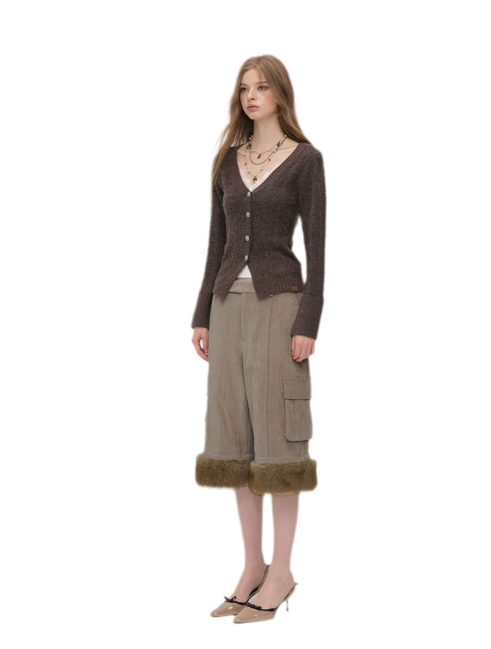 Chenille Cargo Cropped Wide-Leg Pants