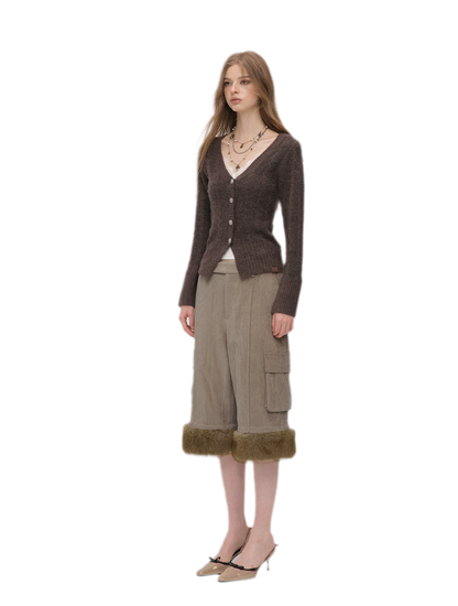 Chenille Cargo Cropped Wide-Leg Pants