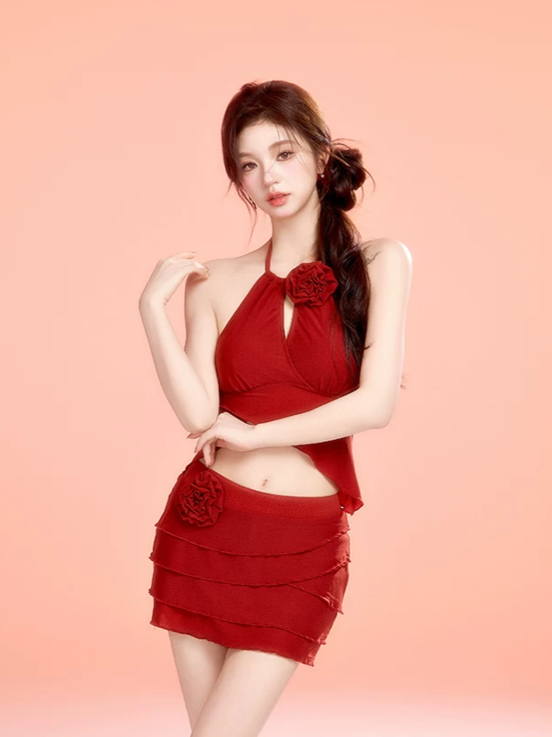 Textured Asymmetric Ruffle Swimdress