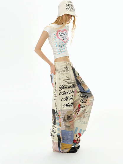 Washed Print Wide-Leg Jeans