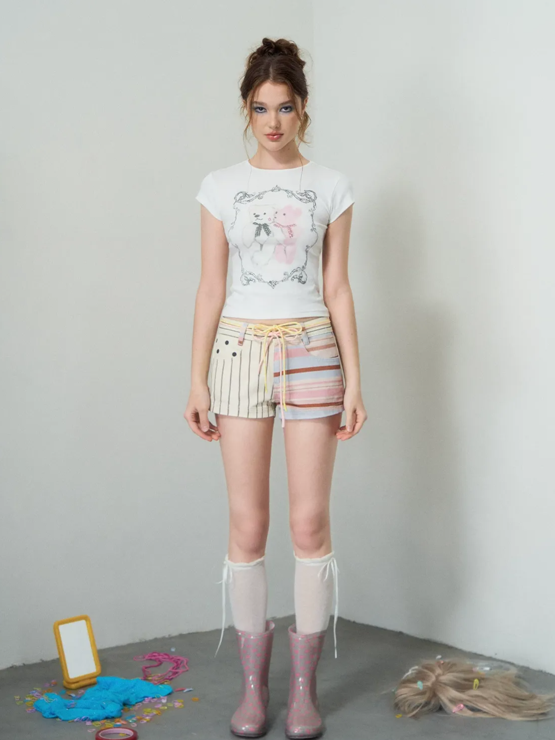 Printed Low-Rise Denim Shorts