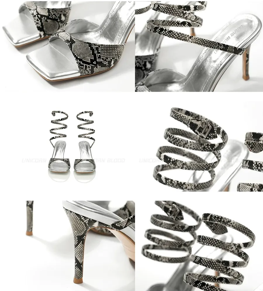 Snake-Embossed Spiral Strap Sandals