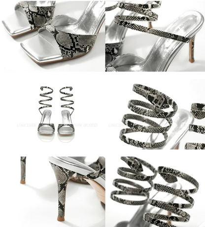Snake-Embossed Spiral Strap Sandals