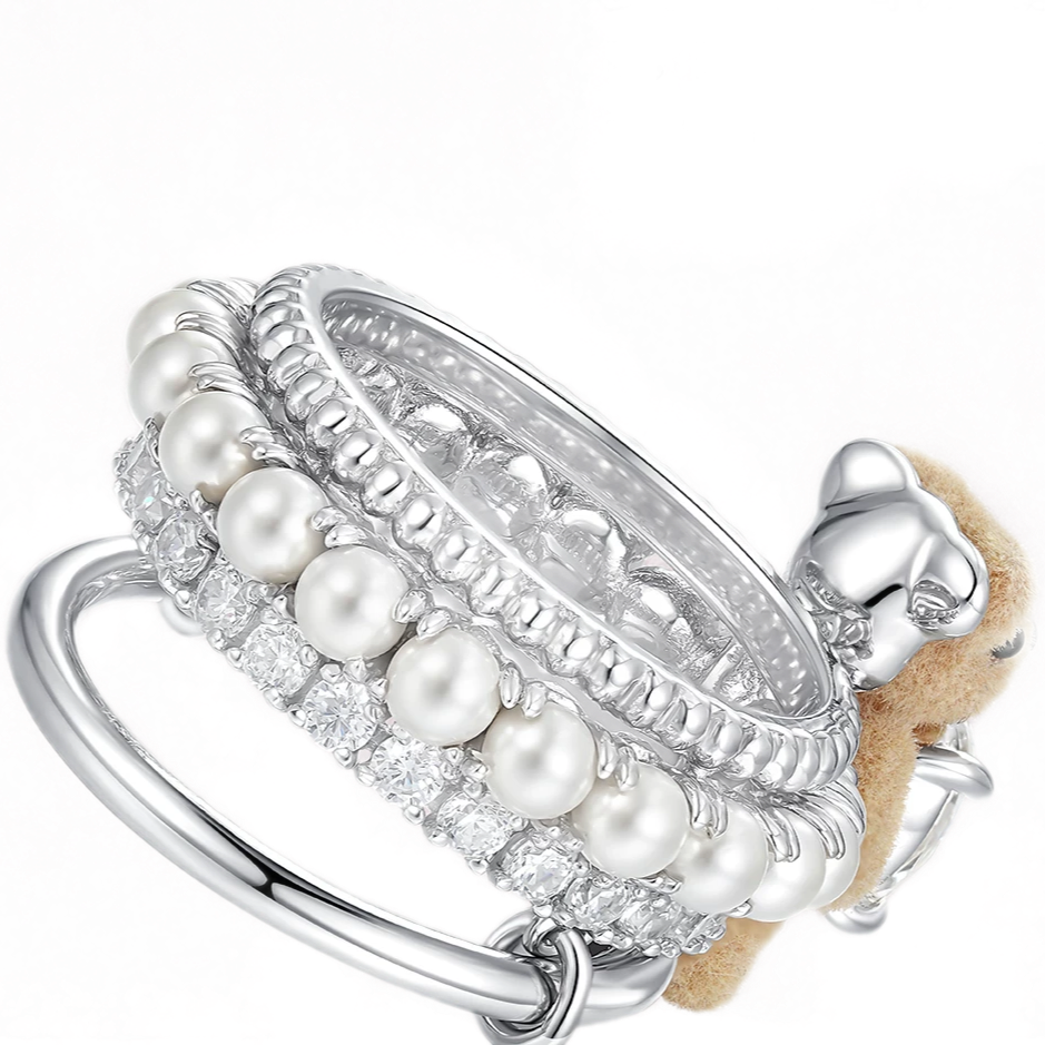 Plush Teddy Bear Pearl Ring