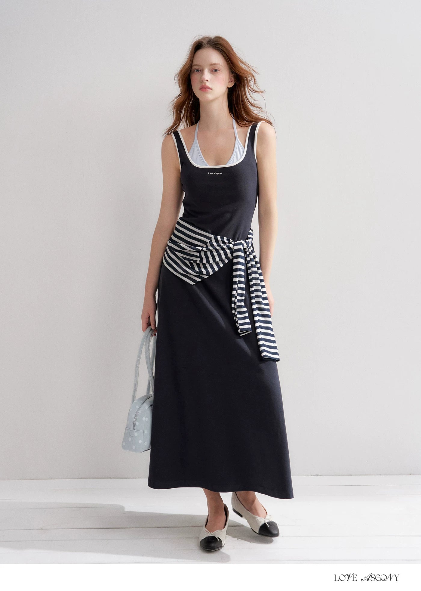 Contrast Color U-Neck Halter Knit Long Dress