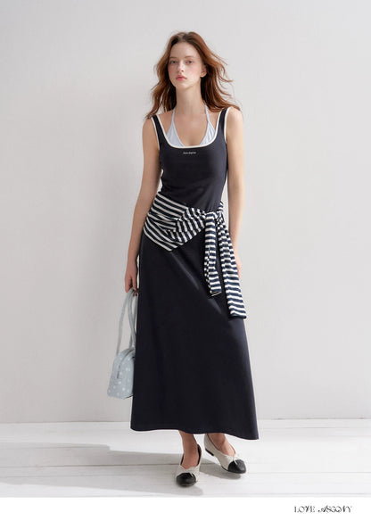 Contrast Color U-Neck Halter Knit Long Dress