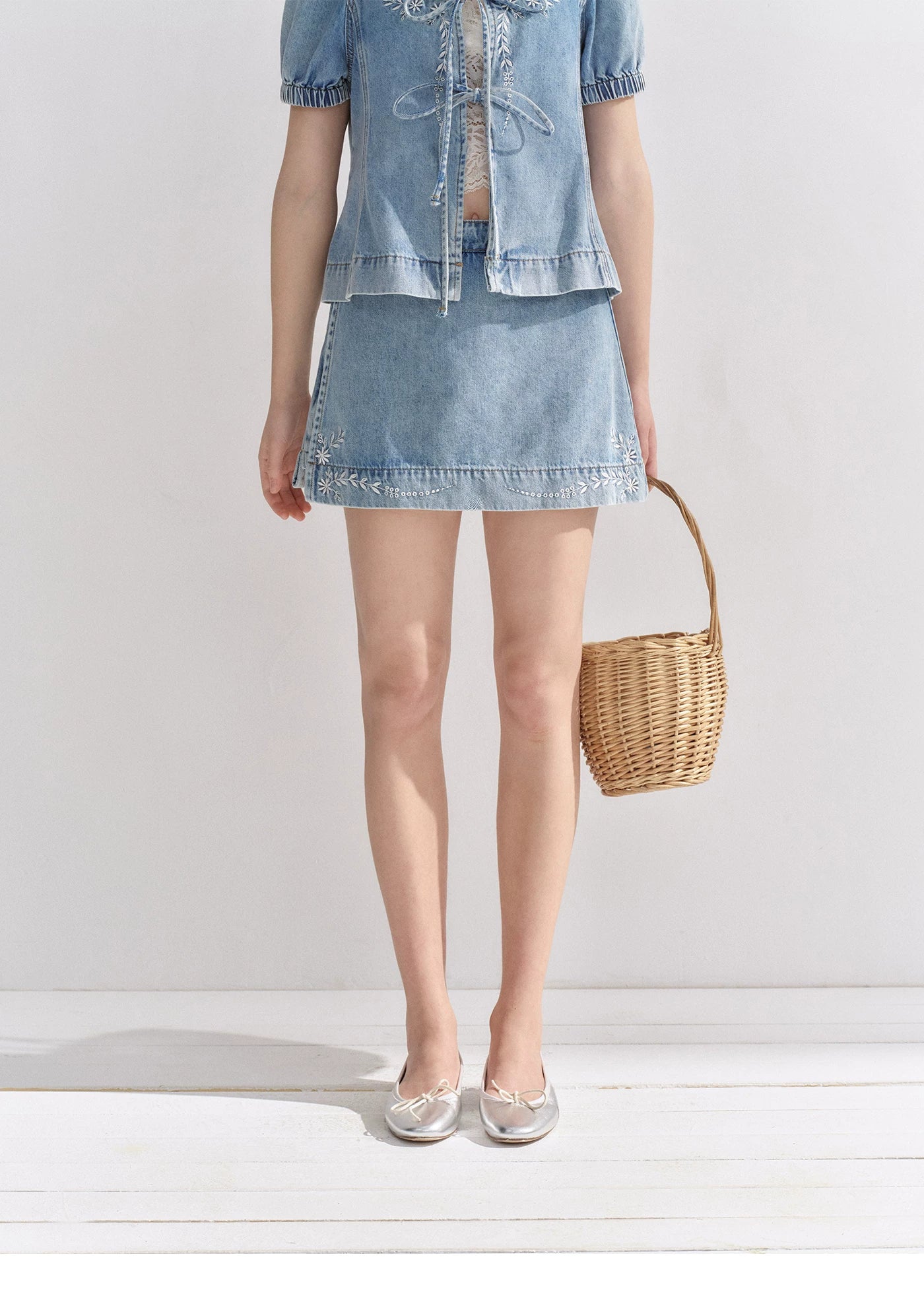 Floral Embroidered Tie Denim Top &amp; Skort Set