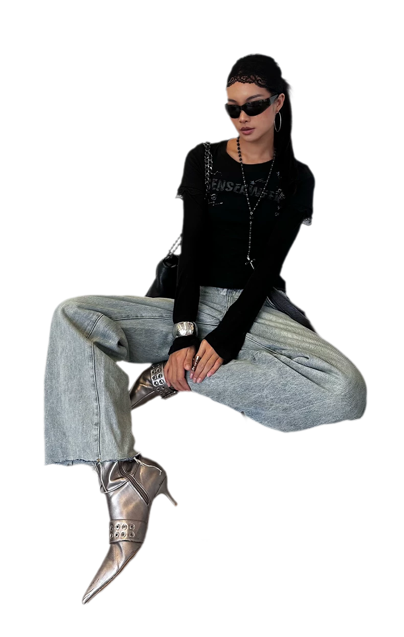 Ribbed Lace Trim Layered T-Shirt