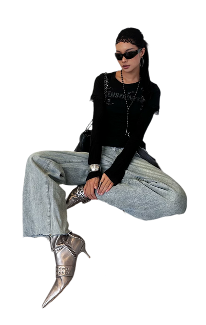 Ribbed Lace Trim Layered T-Shirt