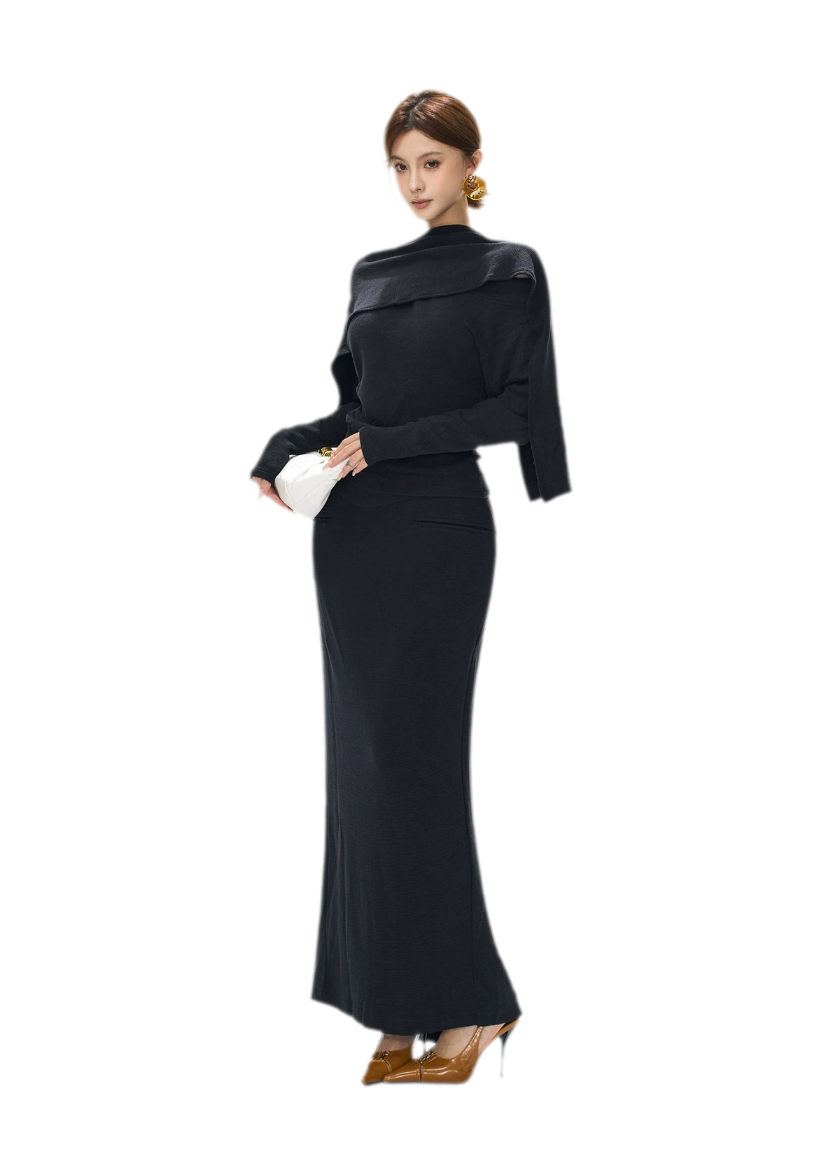 Textured Ruched Shawl Knit Set