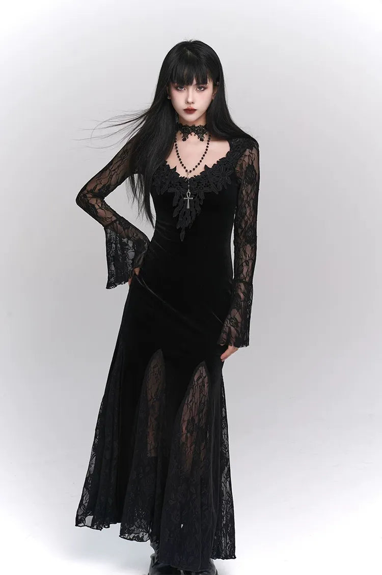 Lace-Sleeve Mermaid Gothic Dress