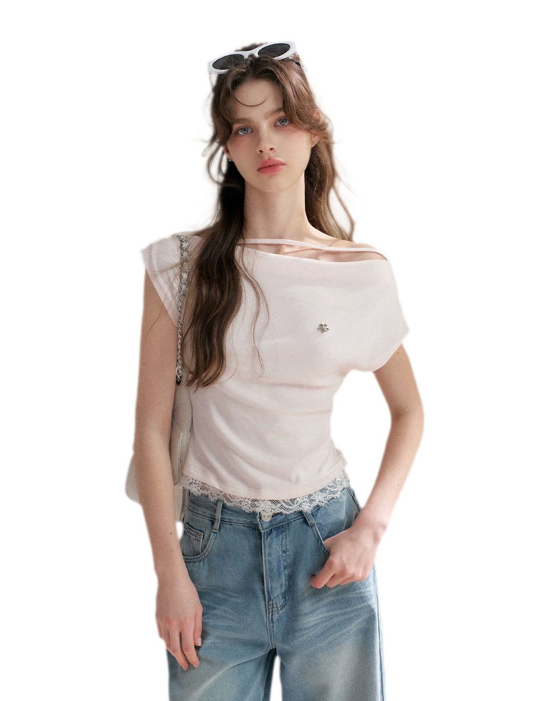 Lace Trim Asymmetric Short Sleeve T-Shirt