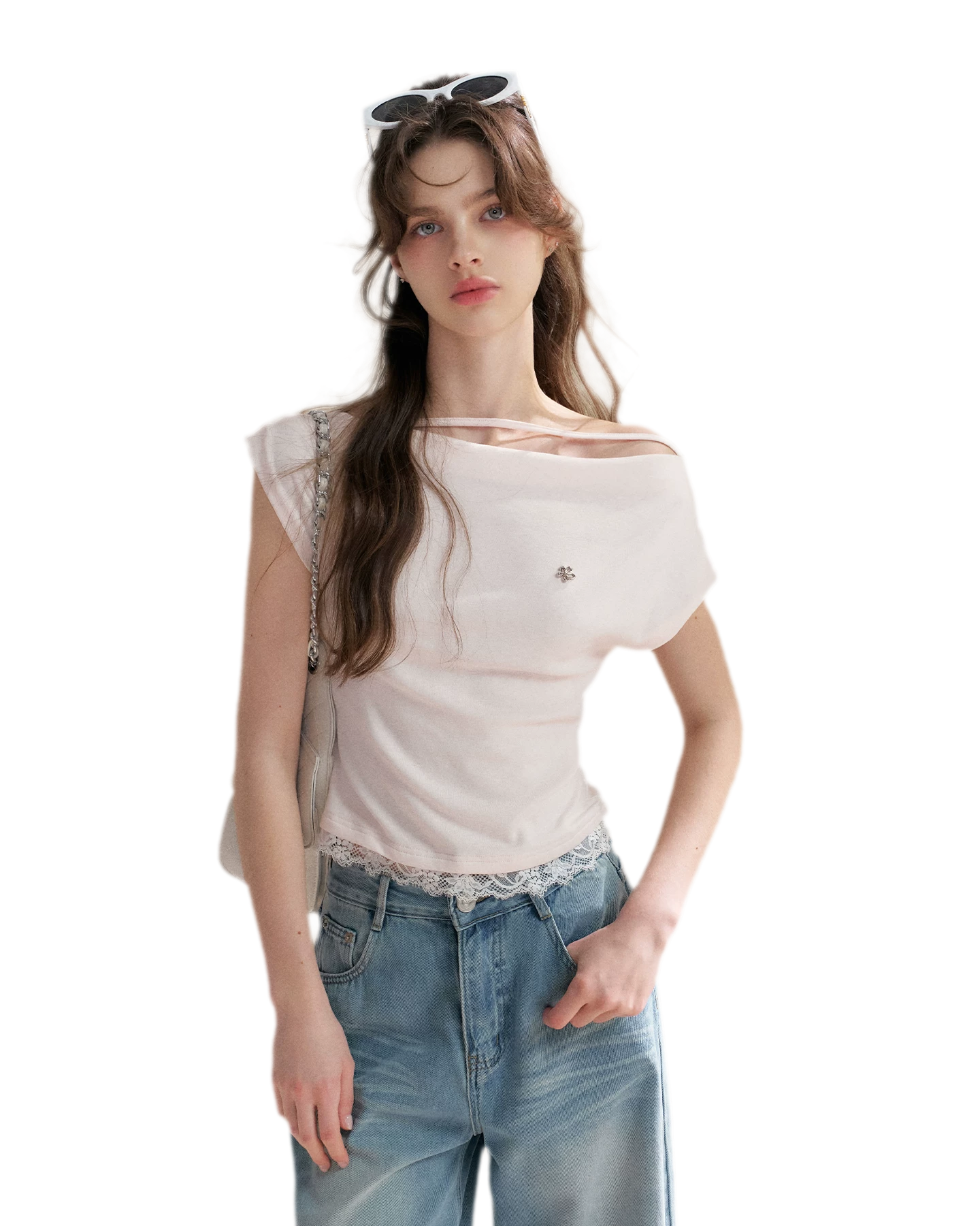 Lace Trim Asymmetric Short Sleeve T-Shirt