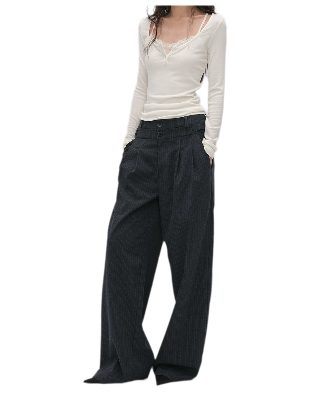 Pinstriped Pleated Wide-Leg Trousers