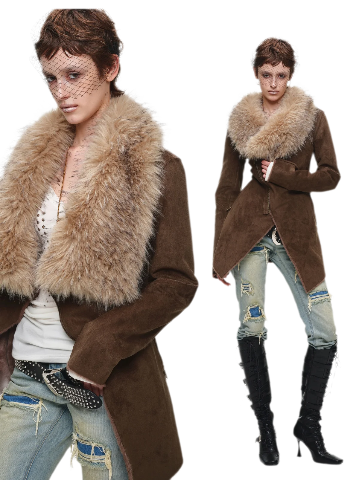 เสื้อโค้ทคอปกขนเฟอร์ลุคหนังกลับ