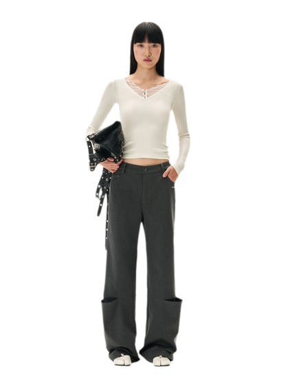 Wool Lace Low-Rise Trousers
