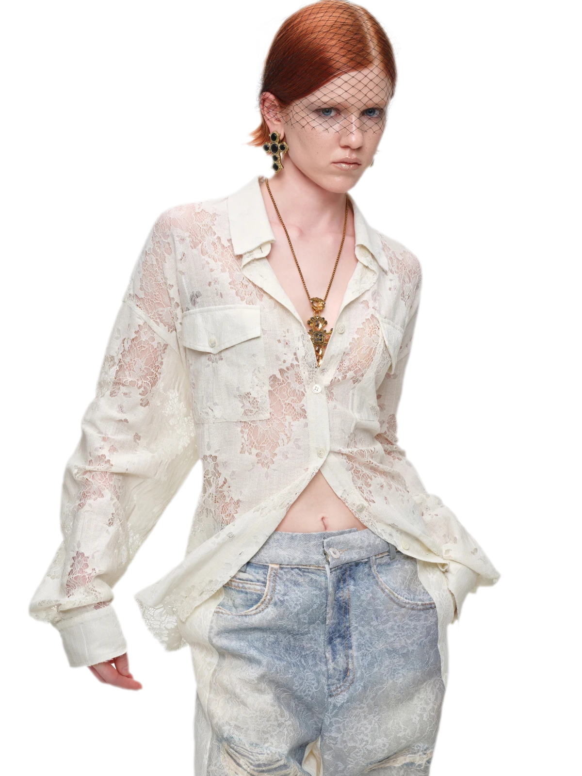 Lace Oversized Tie Shirt