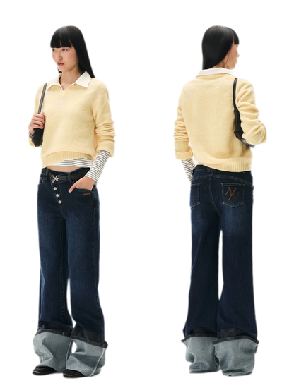 Washed Asymmetric Flare Jeans