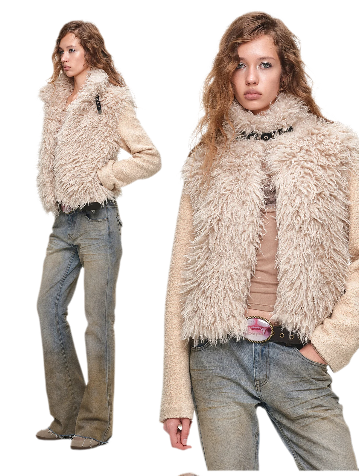 Veste courte en laine à ceinture contrastante
