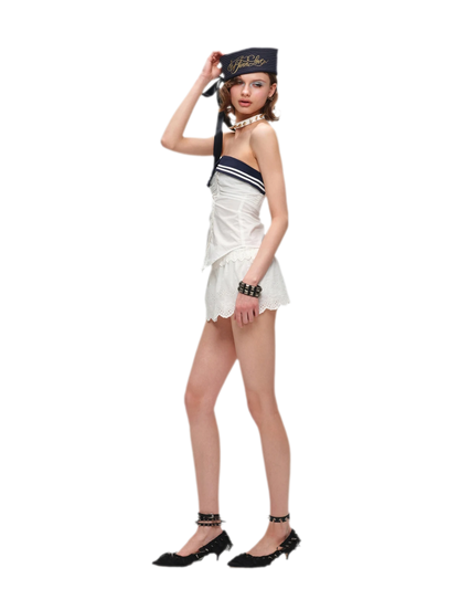 Irregular Navy Collar Sleeveless Shirt