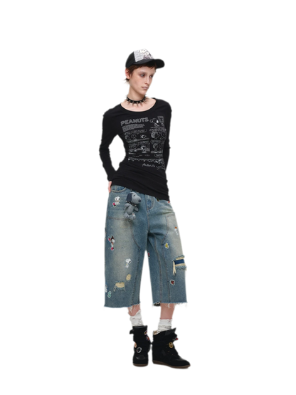Washed Distressed Cropped Jeans