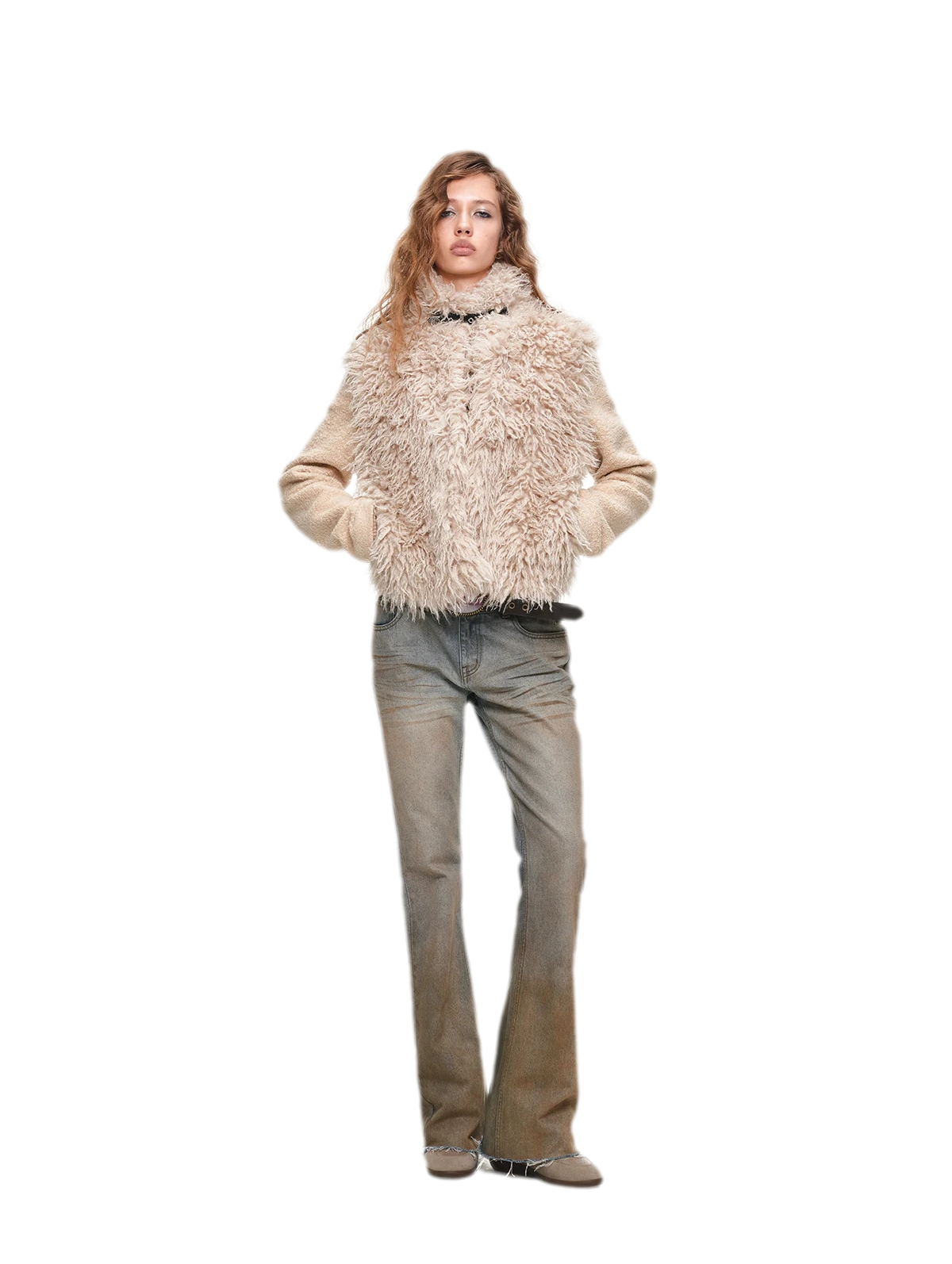 Veste courte en laine à ceinture contrastante