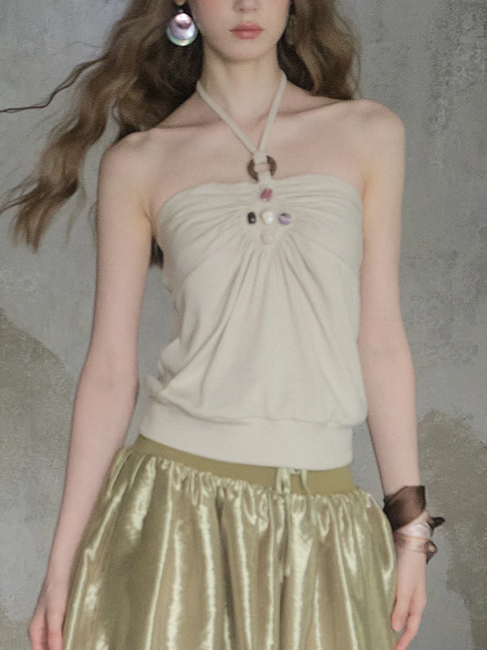 Beaded Ruched Halter Ribbed Top