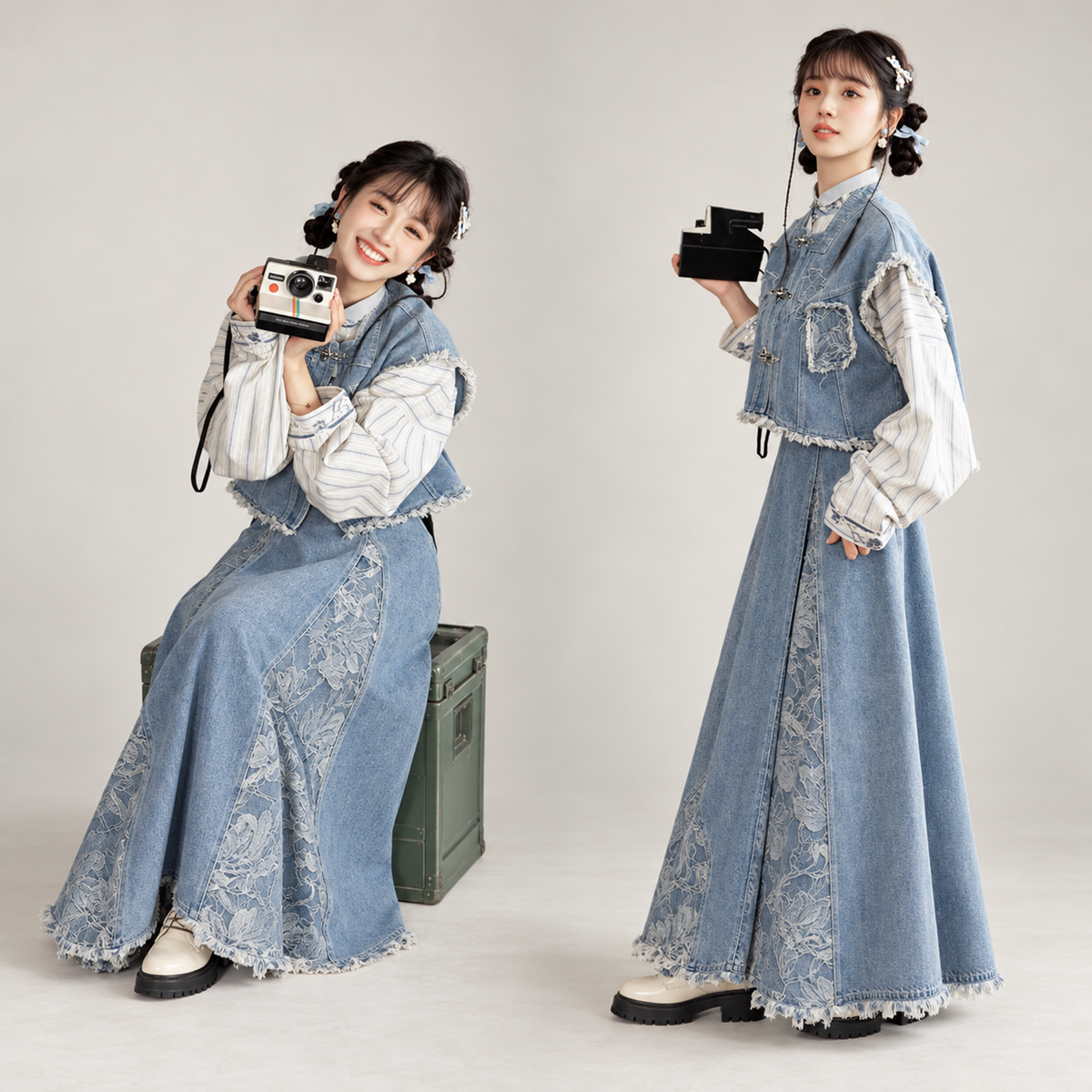 锦蓝 Brocade Blue Embroidered Vest Pleated