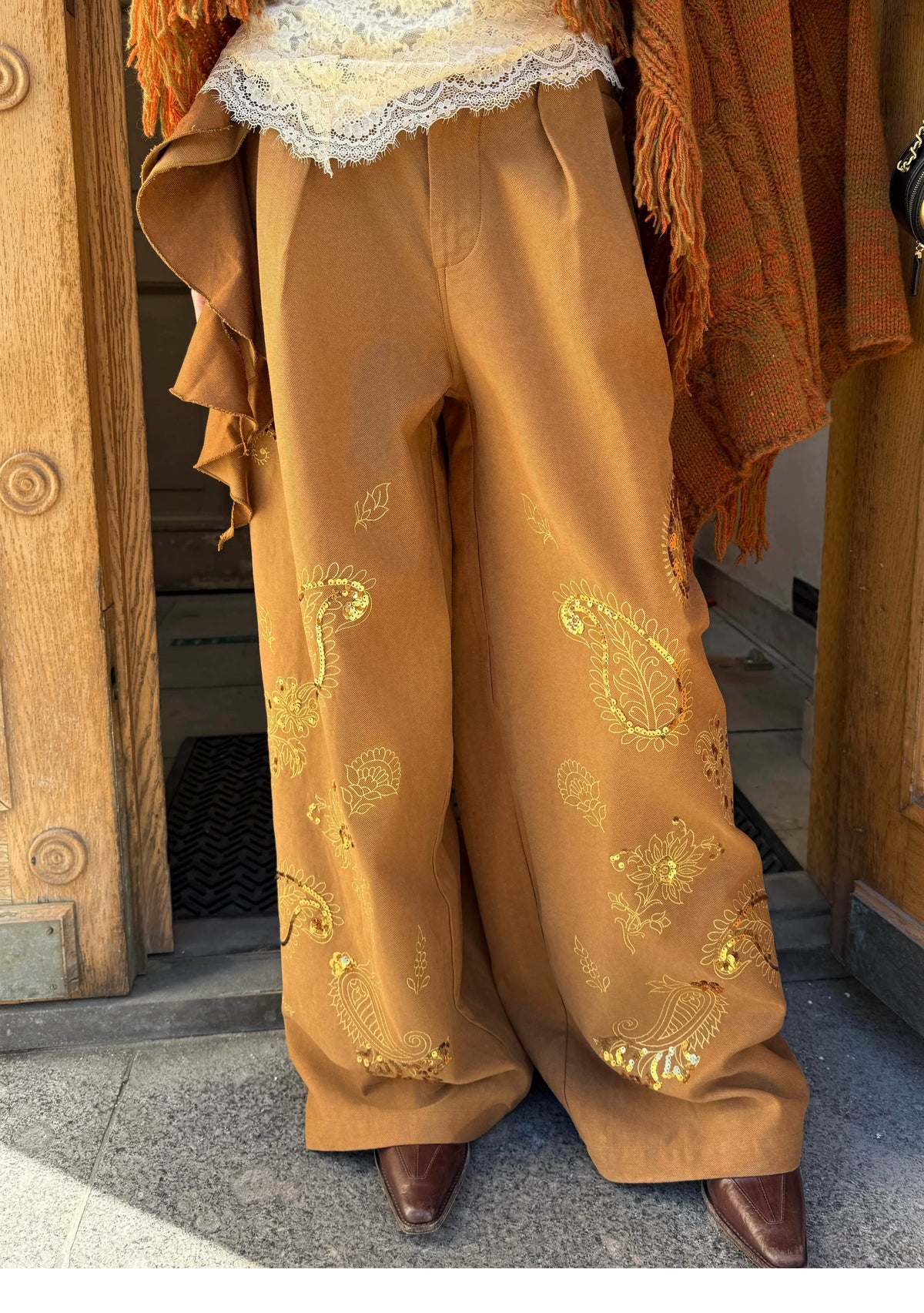 Sequin Paisley Wide-Leg Pants