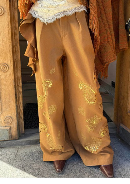 Sequin Paisley Wide-Leg Pants
