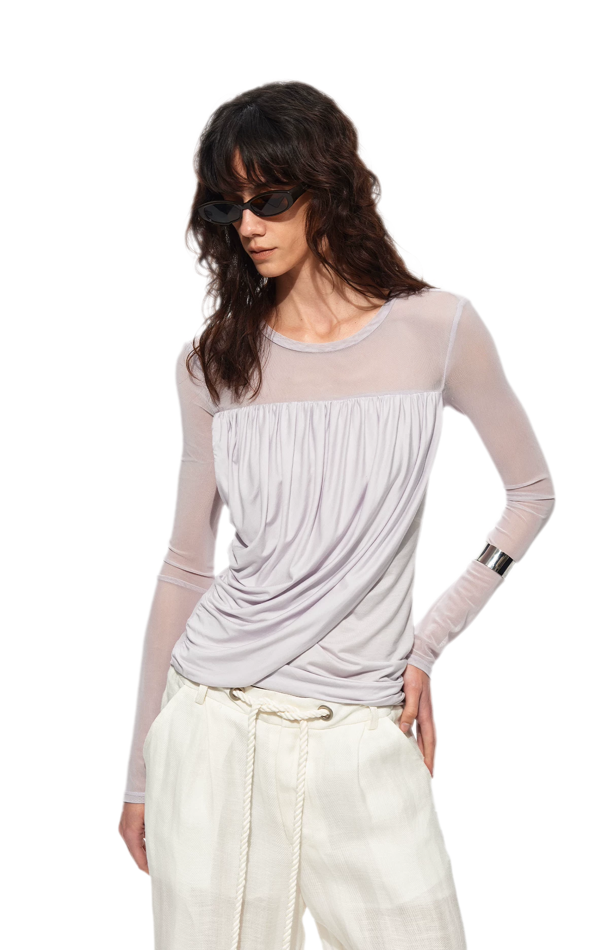 Draped Mesh Long Sleeve Tee