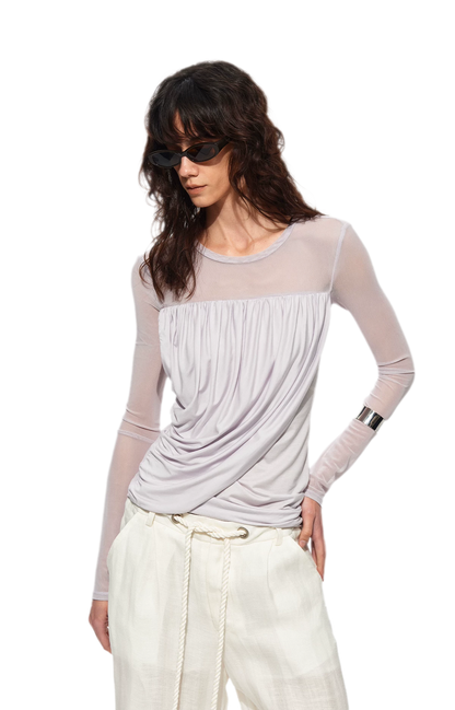 Draped Mesh Long Sleeve Tee