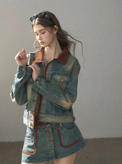 Washed Denim Jacket Skirt Set