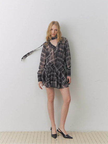 Plaid Chiffon V-Neck Dress