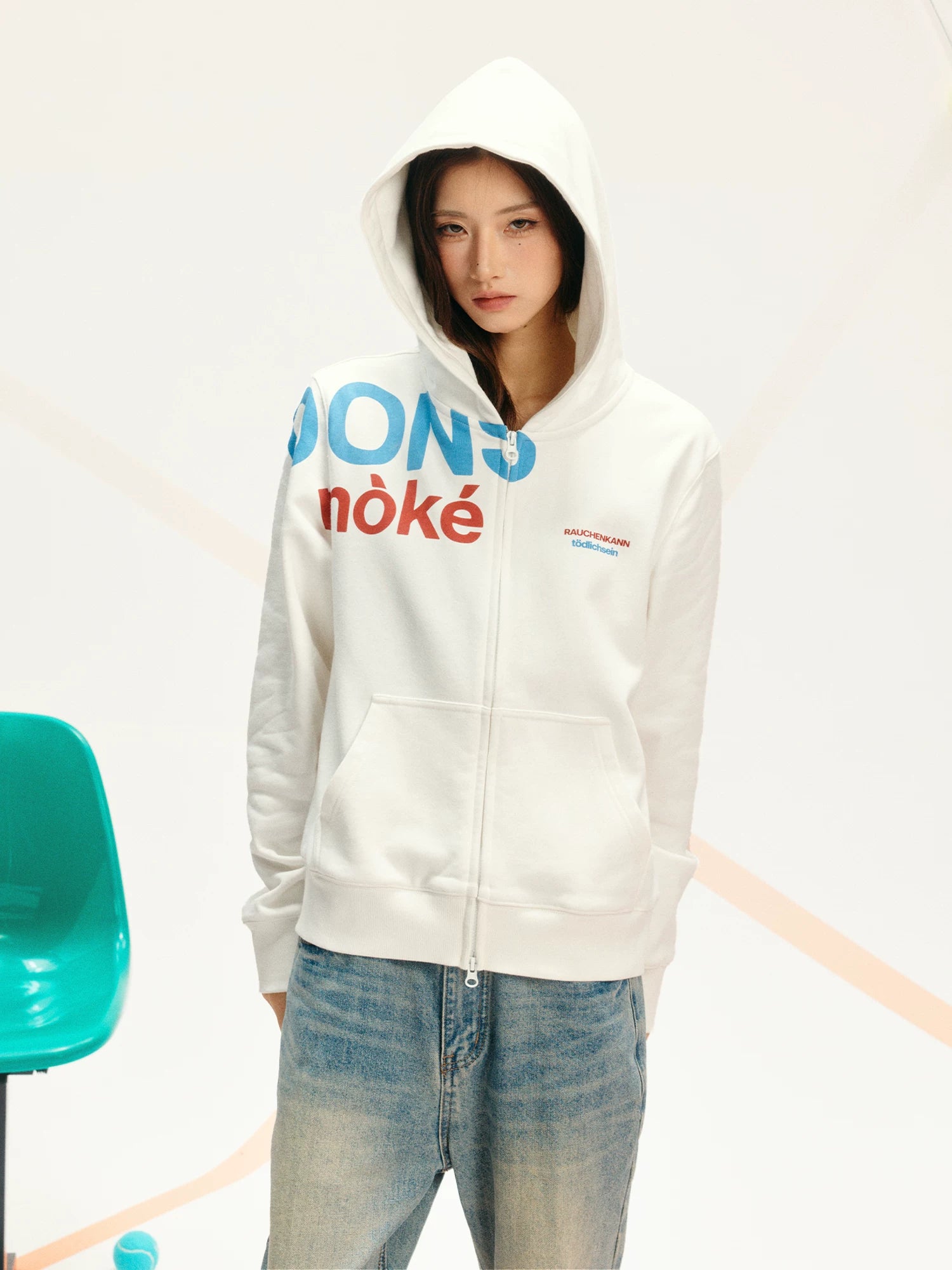 Contrast Slogan Zip Hoodie