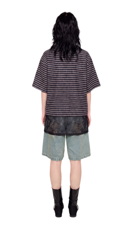 Striped Lace Hem T-Shirt