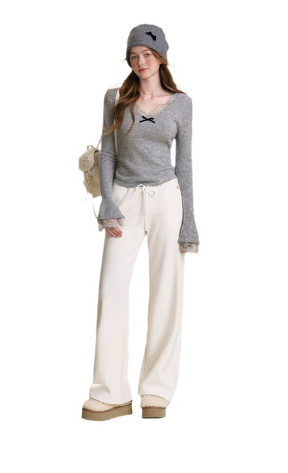 Lace Bow V-Neck Knit Top