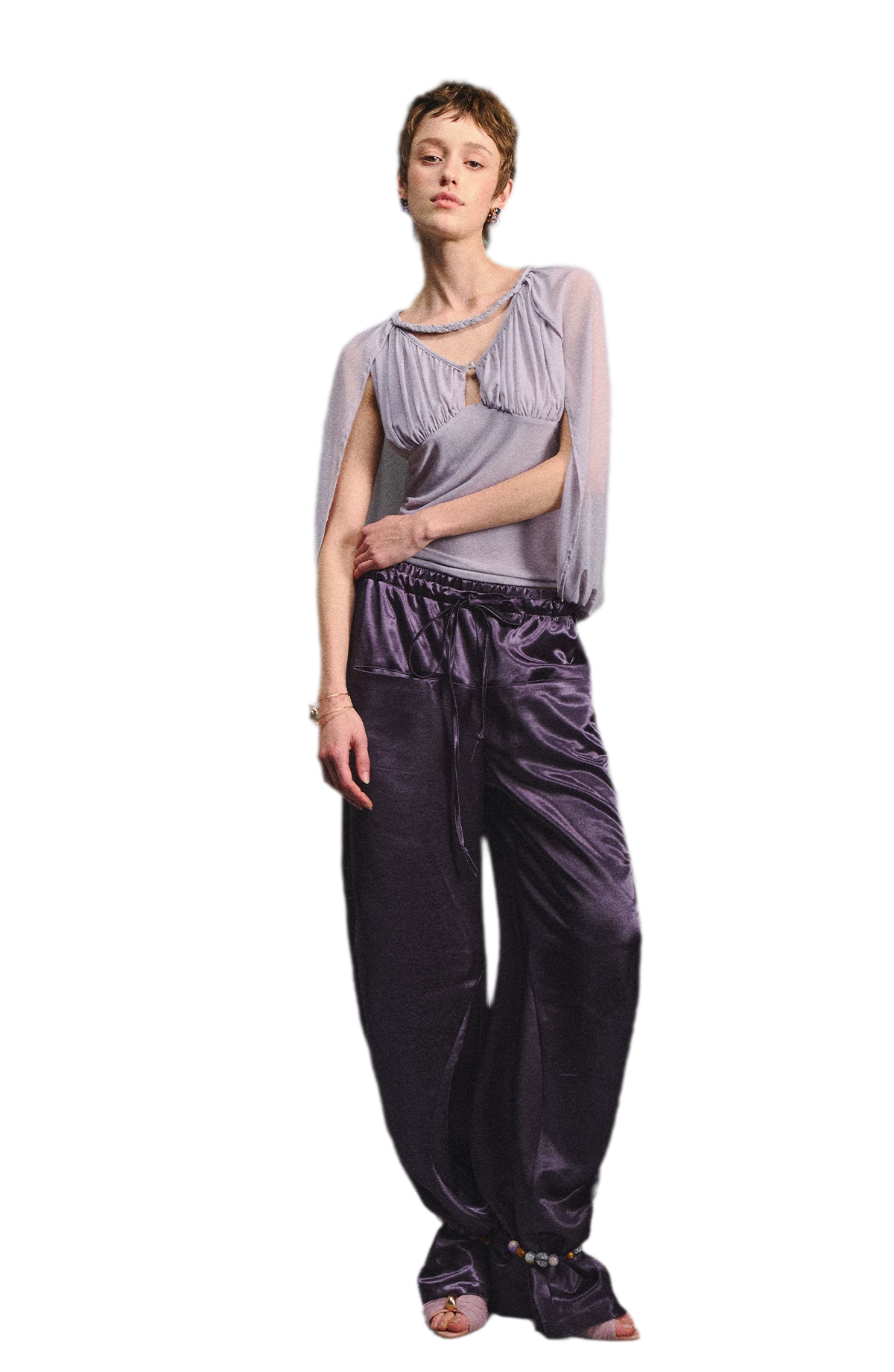Ruched Mesh V-Neck Top
