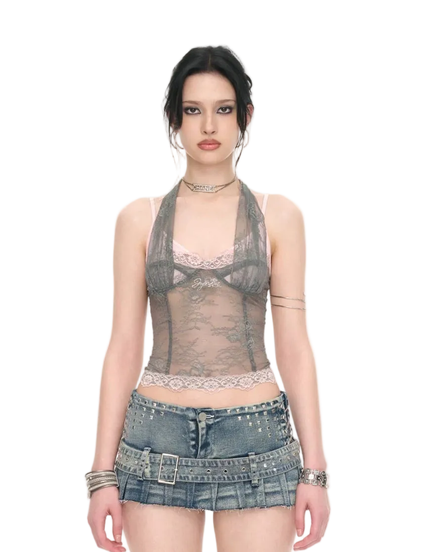 Gray Pink Lace Halter Neck Fitted Top