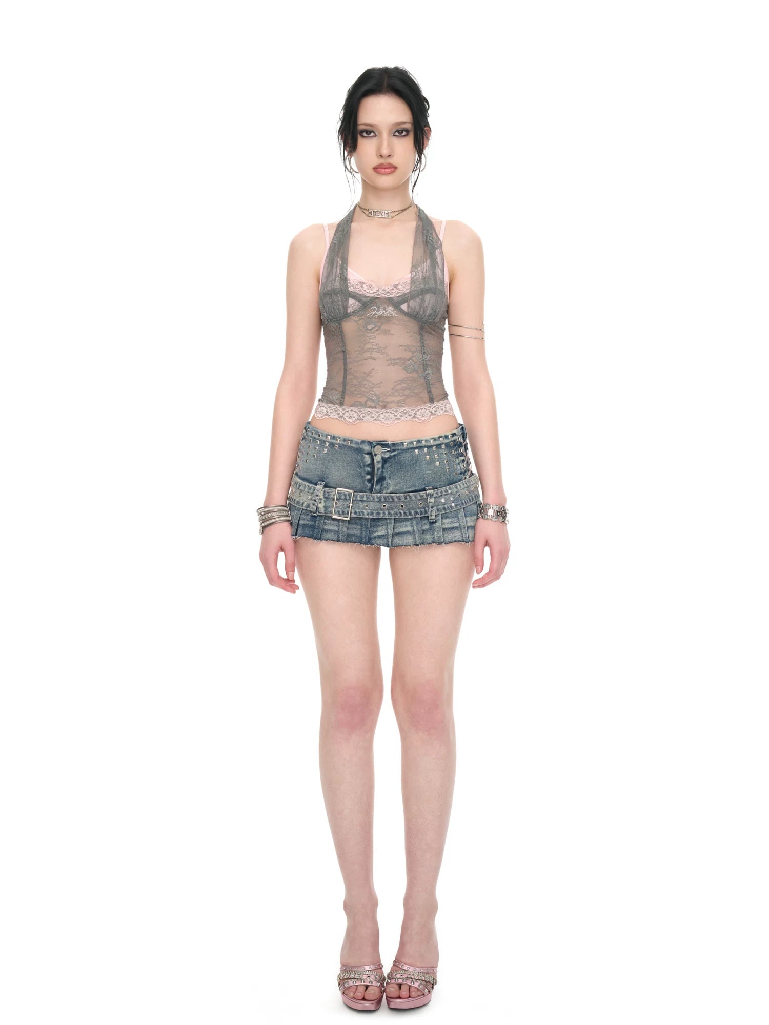 Gray Pink Lace Halter Neck Fitted Top