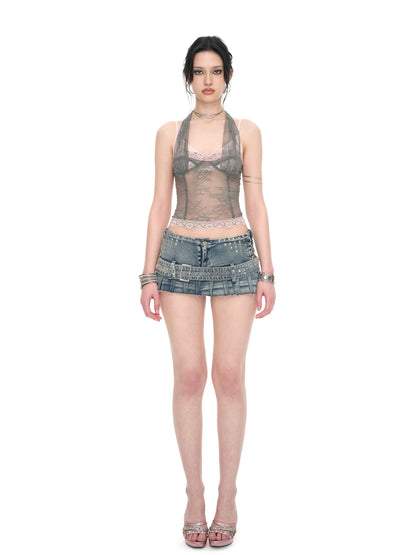 Gray Pink Lace Halter Neck Fitted Top