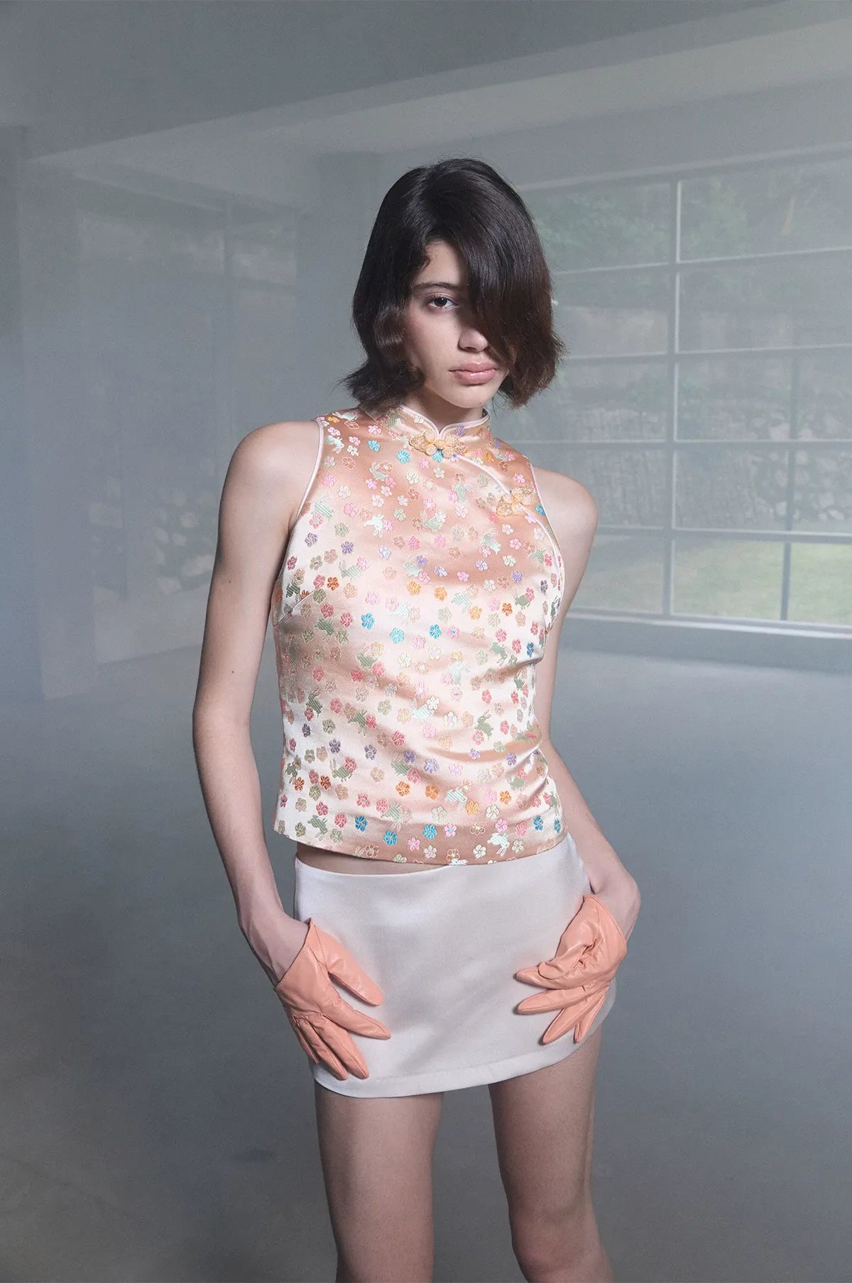 Glossy Floral Mandarin-Collar Qipao