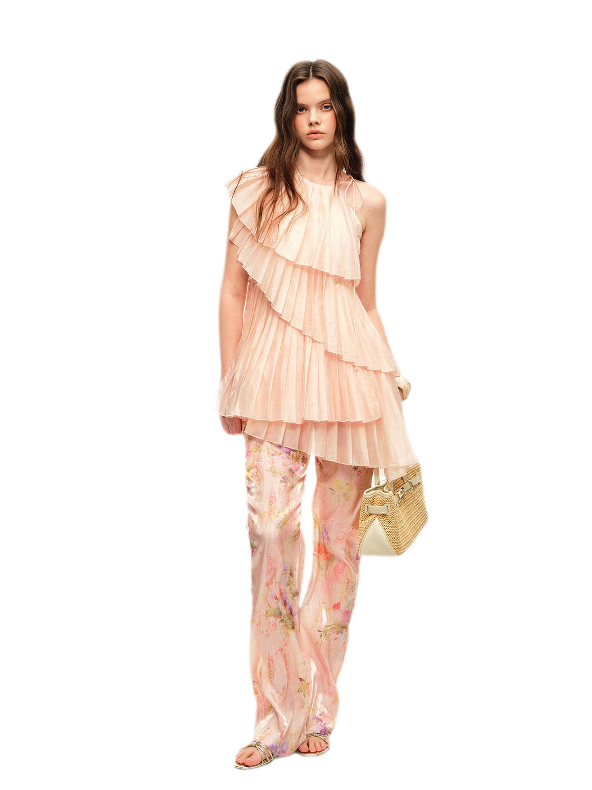 Glossy Pleated Floral Pants Set